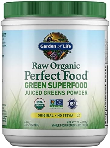 Garden of Life Raw Organic Perfect Food Green Superfood Juiced Greens Powder – Original Stevia-Free, 30 Servings, Non-GMO, Gluten Free Whole Food Dietary Supplement, Alkalize, Detoxify, Energize