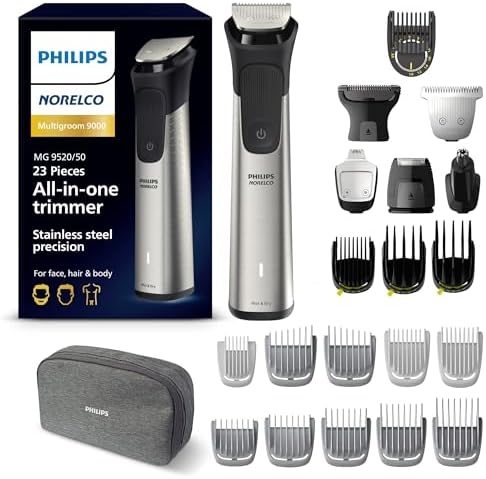 Philips Norelco Multi Groomer 23 Piece Men’s Grooming Kit, Trimmer for Beard, Head, Face, Body, and Groin – Stainless Steel Precision. No Blade Oil Needed. MG9520/50