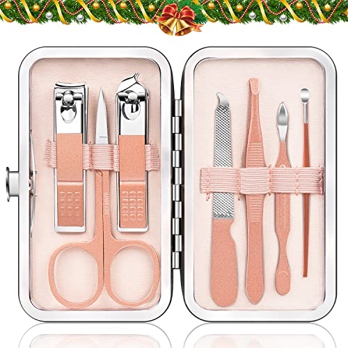 Manicure Pedicure Set Stainless Steel Nail Clippers Personal Nail Clipping Tools Portable Travel Grooming Kit with Snap-shut Case, Rose Gold