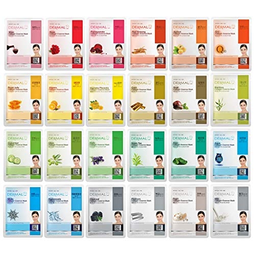 DERMAL 24 Combo Pack A Collagen Essence Korean Face Mask – Hydrating & Soothing Facial Mask with Panthenol – Hypoallergenic Self Care Sheet Mask for All Skin Types – Natural Home Spa Treatment Mask