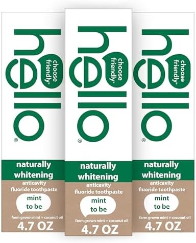 Hello Naturally Whitening Fluoride Toothpaste, Natural Peppermint Flavor and Tea Tree Oil, Peroxide Free, Gluten Free, SLS Free, 3 Pack, 4.7 OZ Tubes
