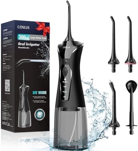 COSLUS Water Dental Flosser Pick for Teeth: 4 Modes Cordless Portable 300ML Larger Tank Water Teeth Cleaner IPX7 Waterproof Flossing Cleaning Picks for Home Travel FC5360