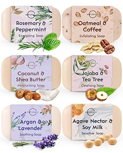 O NATURALS 100% Natural Bar Soap – Assorted 6 PCS Soap Gift Set – Organic Ingredients & Essential Oils – Spa Gifts for Women & Men, Body Wash Soap Bar & Face Soap for Acne – Triple Milled Soap Bars