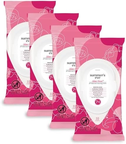 Summer’s Eve Sheer Floral Daily Refreshing Feminine Wipes, Removes Odor, pH balanced, 32 Count, 4 Pack