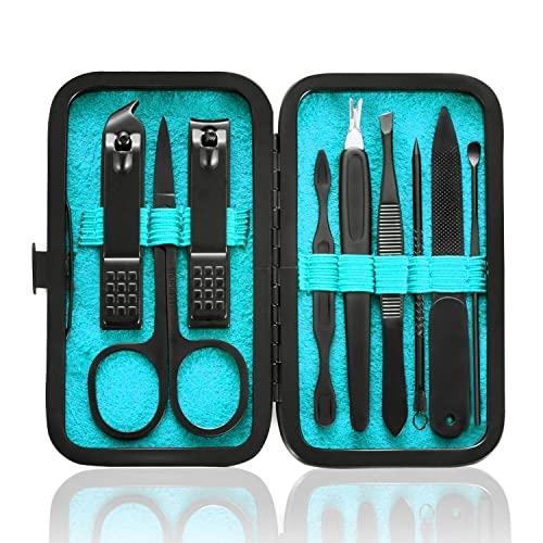 Manicure Set 9 in 1 Stainless Steel, Nail Clippers Scissors Pedicure Tools Kit – Portable Travel Grooming Kit for Men and Women with Black/Blue Leather Case (Blue)