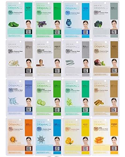 DERMAL 16 Combo Pack A Collagen Essence Korean Face Mask – Hydrating & Soothing Facial Mask with Panthenol – Hypoallergenic Self Care Sheet Mask for All Skin Types – Natural Home Spa Treatment Masks