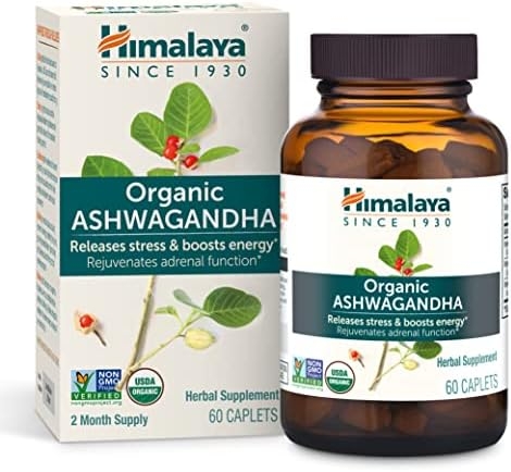 Himalaya Organic Ashwagandha, 60 Day Supply, Herbal Supplement for Stress Relief, Energy Support, Occasional Sleeplessness, Organic, Non-GMO, Vegan, Gluten Free, 670 mg, 60 Caplets