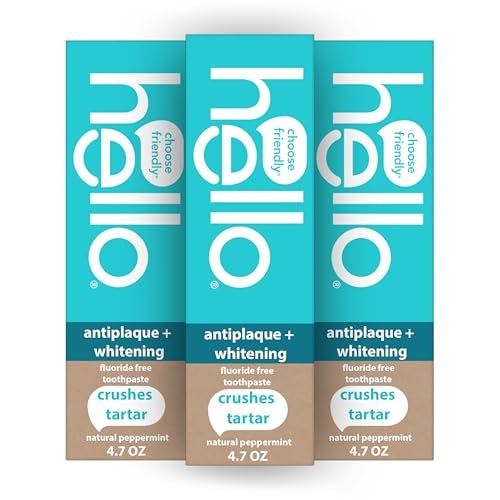 Hello Antiplaque Toothpaste, Fluoride Free for Teeth Whitening with Natural Peppermint Flavor and Tea Tree Oil, Peroxide Free, Gluten Free, SLS Free, 3 Pack, 4.7 OZ Tubes