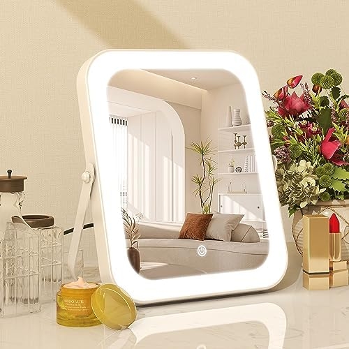 8″x10″ Lighted Vanity Mirror, Makeup Mirror with Light, Dimmable Touch Screen, Portable Travel Mirror with U-Shaped Bracket, Cosmetic Mirror with Lights for Makeup Desk ＆ Dressing Room