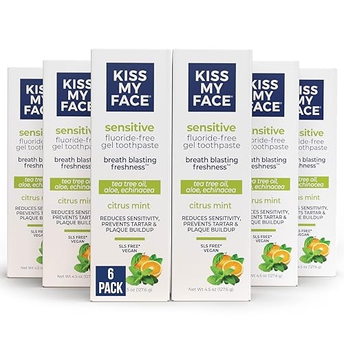 Kiss My Face Sensitive Toothpaste Gel, Citrus Mint Gel, Protection for Sensitive Teeth and Gums, with Tea Tree Oil, Aloe and Iceland Moss, Fluoride Free, Vegan, 4.5 oz, 6 Pack