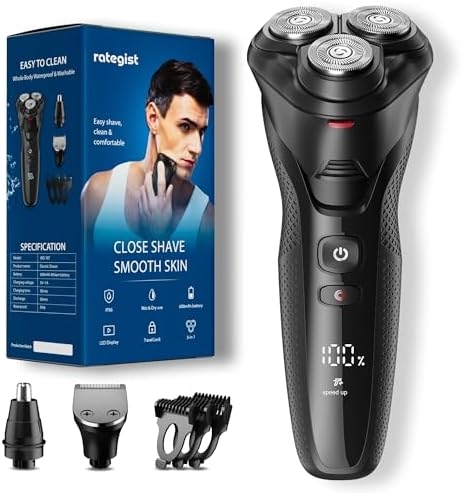 Electric Razor for Men, rategist Rechargeable Electric Shaver, Waterproof Wet Dry Cordless Razor, Adjustable Speeds, with Nose Hair Trimmer, Sideburns Trimmer