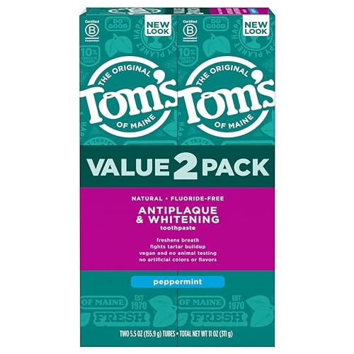 Tom’s of Maine Fluoride-Free Antiplaque & Whitening Natural Toothpaste, Peppermint, 5.5 oz. (Pack of 2)