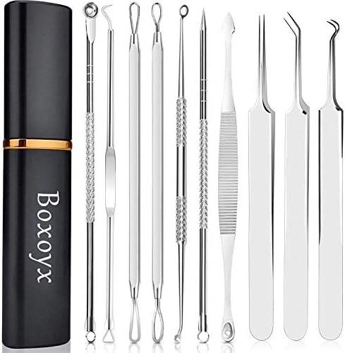Pimple Popper Tool Kit – Boxoyx 10 Pcs Blackhead Remover Comedone Extractor Kit with Metal Case for Quick and Easy Removal of Pimples, Blackheads, Zit Removing, Forehead,Facial and Nose(Silver)