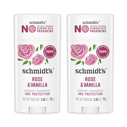 Schmidt’s Aluminum-Free Vegan Deodorant Rose & Vanilla with 24 Hour Odor Protection 2 Count for Women and Men, Natural Ingredients, Cruelty-Free, 2.65 oz