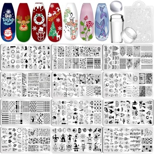 Biutee Nail Art Stamping Plate Set Nail Stamping Kit with Silicone Nail Stamper Flower Leaves Animal Lace Star Holiday Design Nail Stamp Plate Christmas Nail Stamp Template