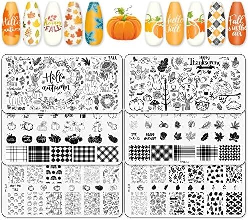 Whaline 6Pcs Fall Thanksgiving Theme Nail Art Stamping Plate Kit Various Pattern Pumpkin Maple Autumn Blessing Collection Nail Art Plate for Thanksgiving Day Nail Art Design DIY Print Manicure Salon