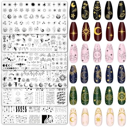Whaline 6Pcs Sun Moon Star Nail Plates Stamping Set Groovy Stamp Templates Nail Art Plates for DIY Print Manicure Salon Design Gift Supplies