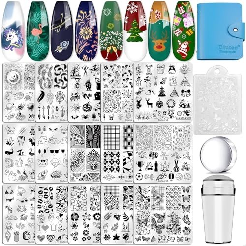 Biutee Nail Stamping Plates Set 15 pcs Nail Art Stamper Scraper Storage Bag Gift Box Nail Stamp Template Kit Lace Flower Butterfly Star Holiday Christmas Design Nail Image Plate