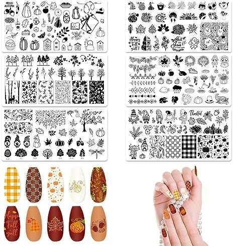 ALIBBON 6 Pcs Fall Nail Stamping Plates Set, Leaves Background Nail Art Stamp Templates, Autumn Tree Stamp Templates Kit, Happy Thanksgiving Day Metal Nail Plates for DIY Printing Decor 4.7×2.4″